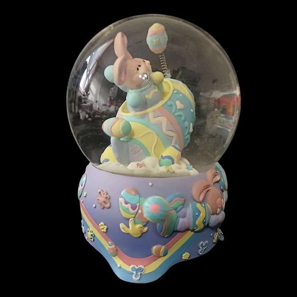 Easter Snow Globe Music Box Musical Bunny VIDEO Pastel Balloons Eggs Vintage 90s